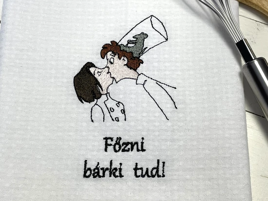 Hímzett konyharuha - Főzni bárki tud – humoros hímzett konyharuha ajándékba