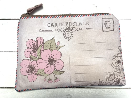 vintage képeslap mintás neszesszer rózsaszín virágokkal